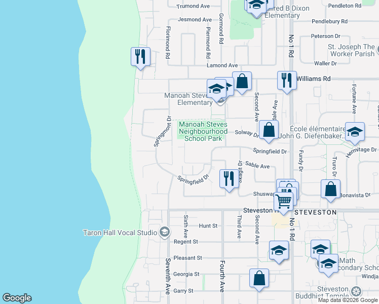map of restaurants, bars, coffee shops, grocery stores, and more near 3371 Springfield Drive in Richmond