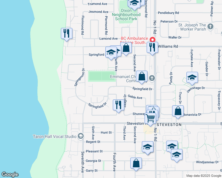 map of restaurants, bars, coffee shops, grocery stores, and more near 3340 Springfield Drive in Richmond