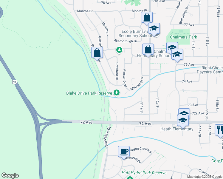 map of restaurants, bars, coffee shops, grocery stores, and more near 7374 Bates Road in Delta