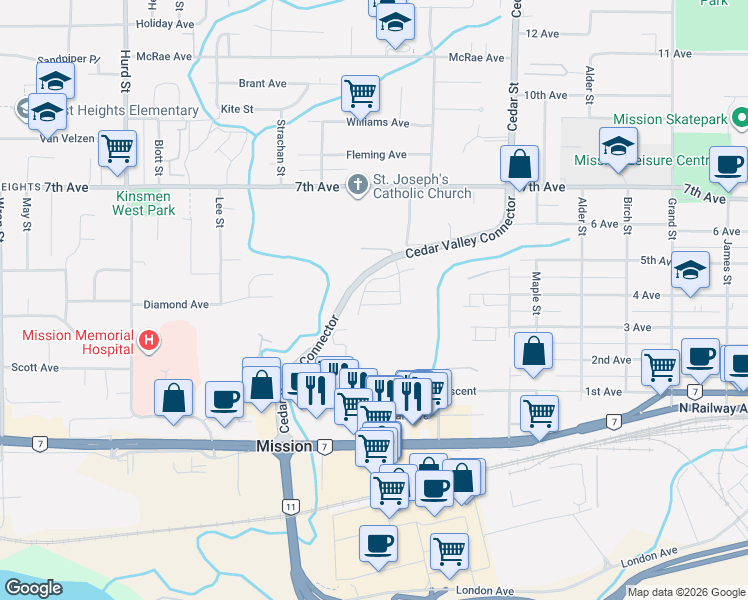 map of restaurants, bars, coffee shops, grocery stores, and more near 32555 Ross Drive in Mission