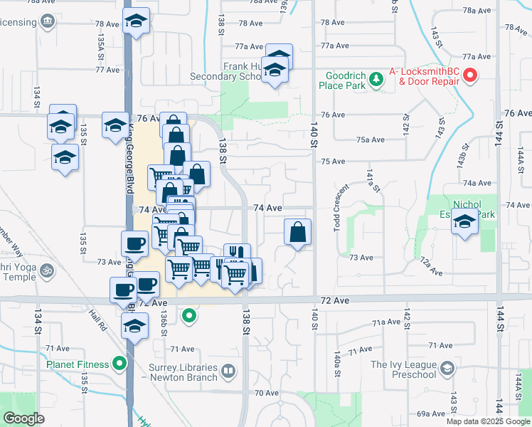 map of restaurants, bars, coffee shops, grocery stores, and more near 13880 74 Avenue in Surrey