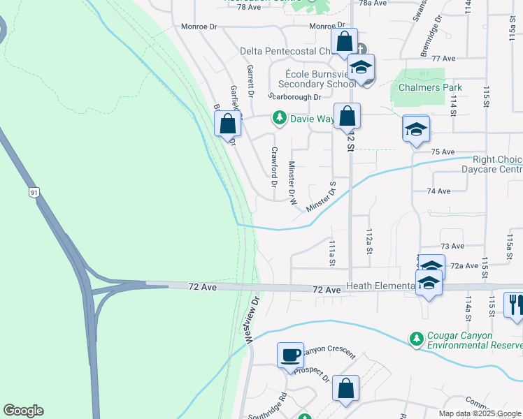 map of restaurants, bars, coffee shops, grocery stores, and more near 7374 Bates Road in Delta