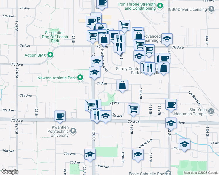 map of restaurants, bars, coffee shops, grocery stores, and more near 7385 129 Street in Surrey