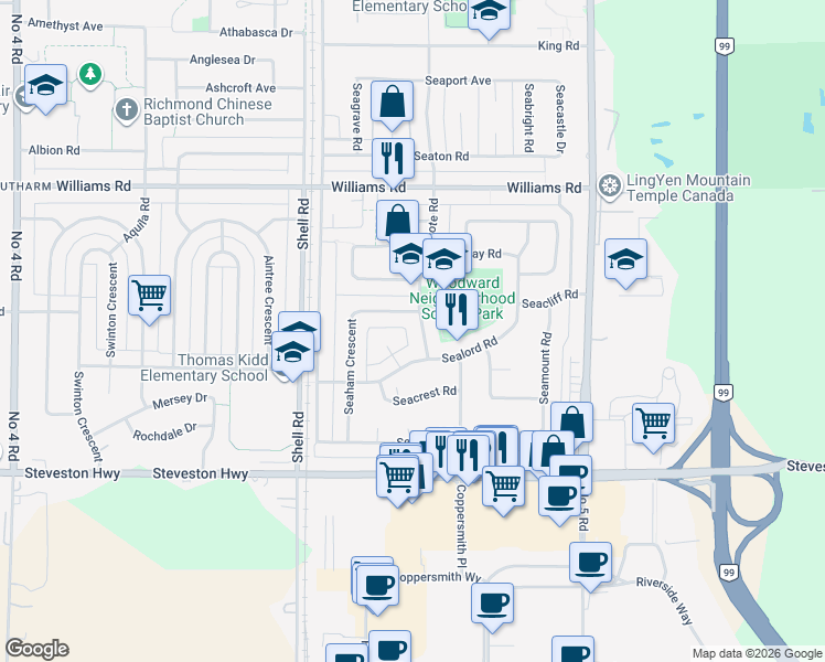 map of restaurants, bars, coffee shops, grocery stores, and more near 10391 Seacote Road in Richmond