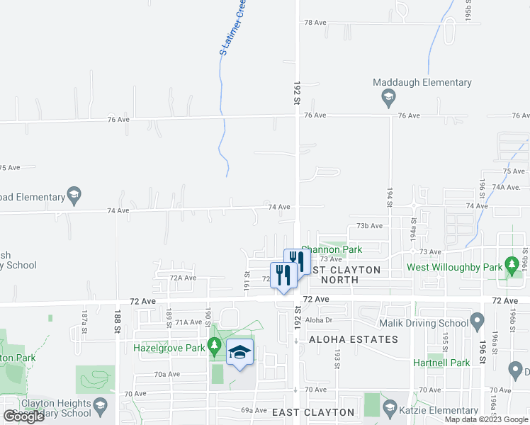 map of restaurants, bars, coffee shops, grocery stores, and more near 19136 74 Avenue in Surrey