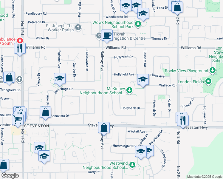 map of restaurants, bars, coffee shops, grocery stores, and more near 10400 Hollymount Drive in Richmond