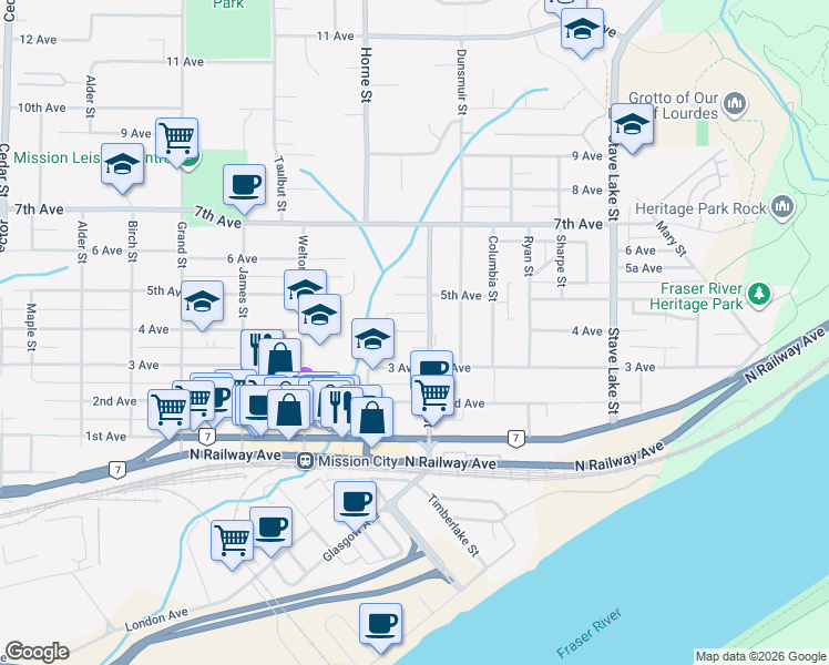 map of restaurants, bars, coffee shops, grocery stores, and more near 33358 4 Avenue in Mission