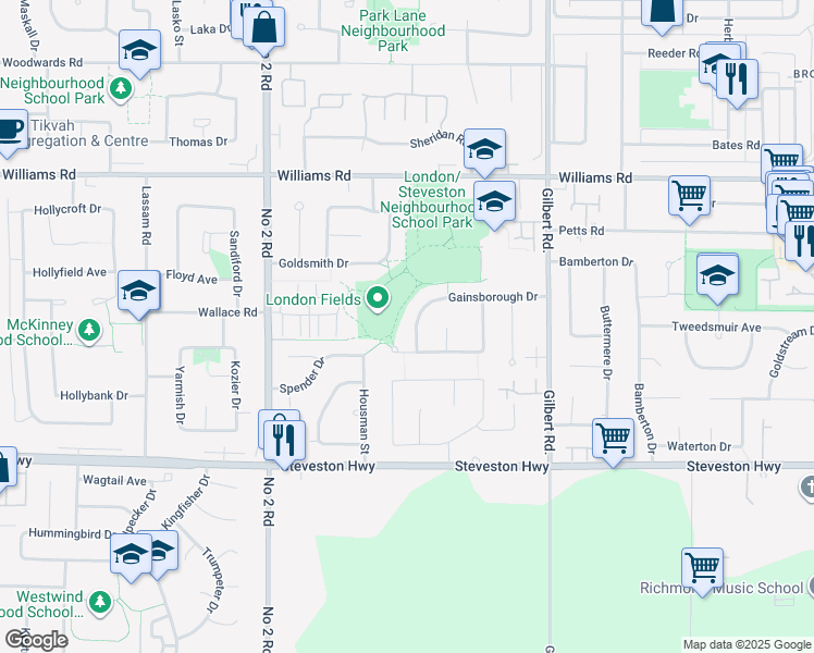 map of restaurants, bars, coffee shops, grocery stores, and more near 6511 Gainsborough Drive in Richmond