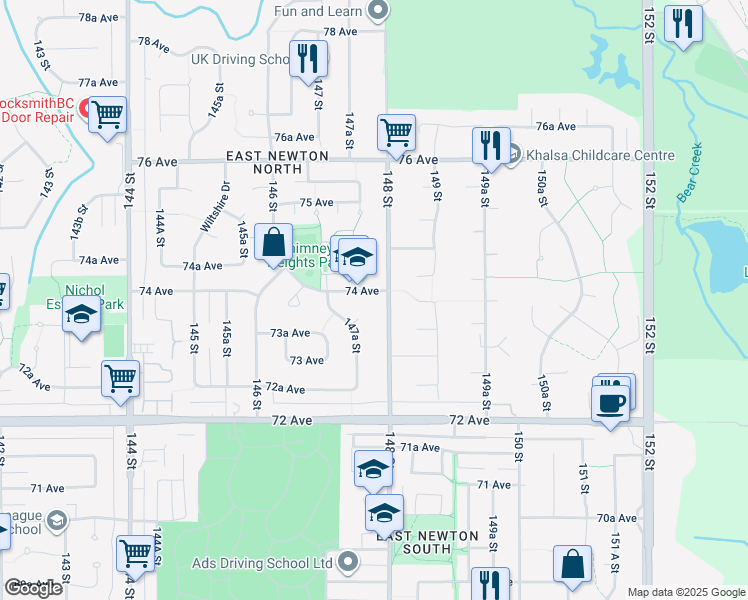 map of restaurants, bars, coffee shops, grocery stores, and more near 14788 74 Avenue in Surrey