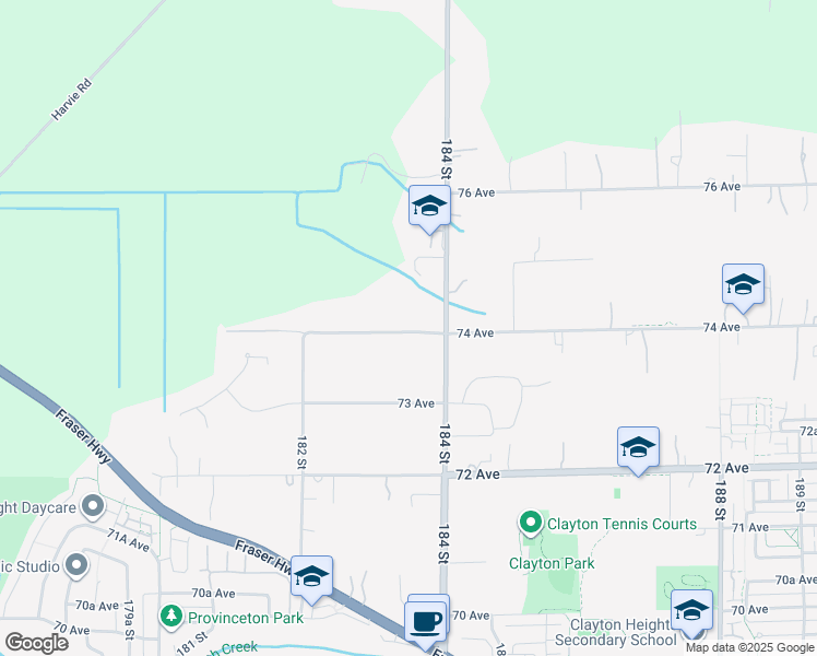 map of restaurants, bars, coffee shops, grocery stores, and more near 18351 74 Avenue in Surrey