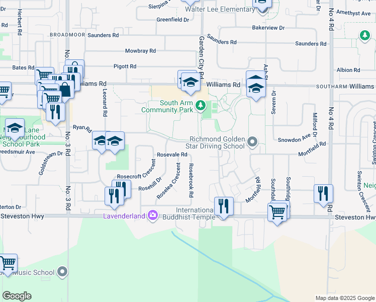 map of restaurants, bars, coffee shops, grocery stores, and more near 8751 Rosevale Road in Richmond