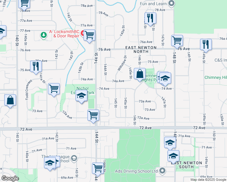 map of restaurants, bars, coffee shops, grocery stores, and more near 14496 74 Avenue in Surrey