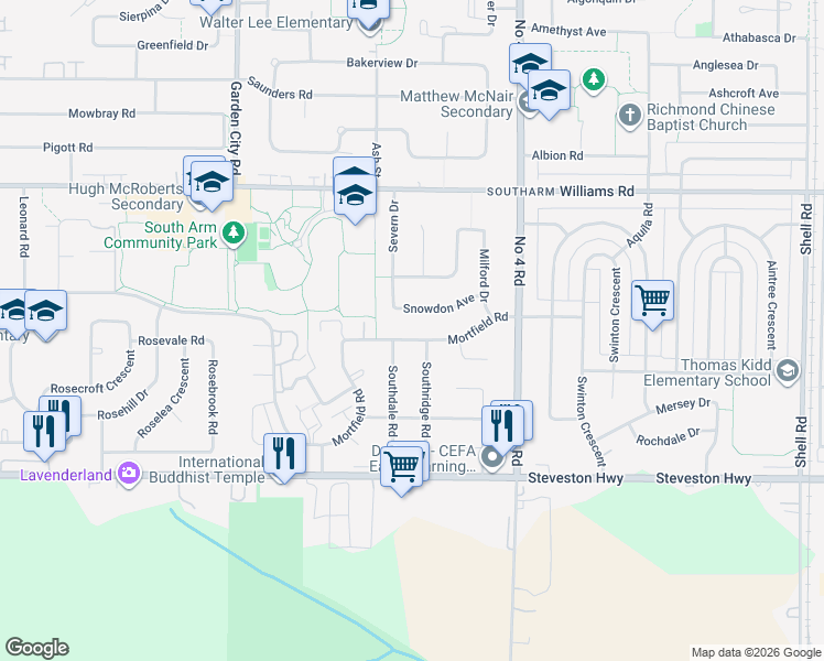 map of restaurants, bars, coffee shops, grocery stores, and more near 10351 Mortfield Road in Richmond