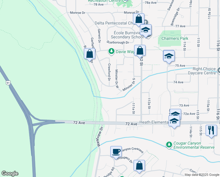 map of restaurants, bars, coffee shops, grocery stores, and more near 7403 Barrymore Drive in Delta