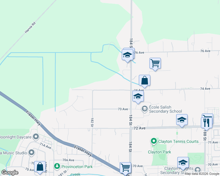 map of restaurants, bars, coffee shops, grocery stores, and more near 18295 74 Avenue in Surrey