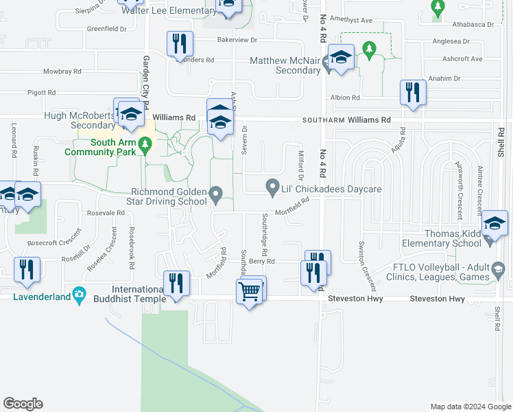 map of restaurants, bars, coffee shops, grocery stores, and more near 10331 Mortfield Road in Richmond