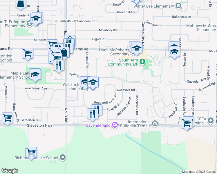 map of restaurants, bars, coffee shops, grocery stores, and more near 10180 Rosedene Crescent in Richmond