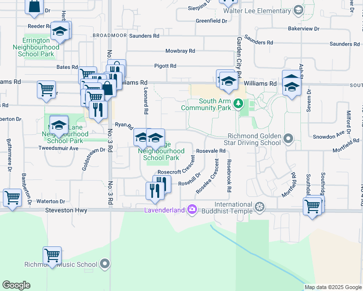 map of restaurants, bars, coffee shops, grocery stores, and more near 10080 Rosedene Crescent in Richmond