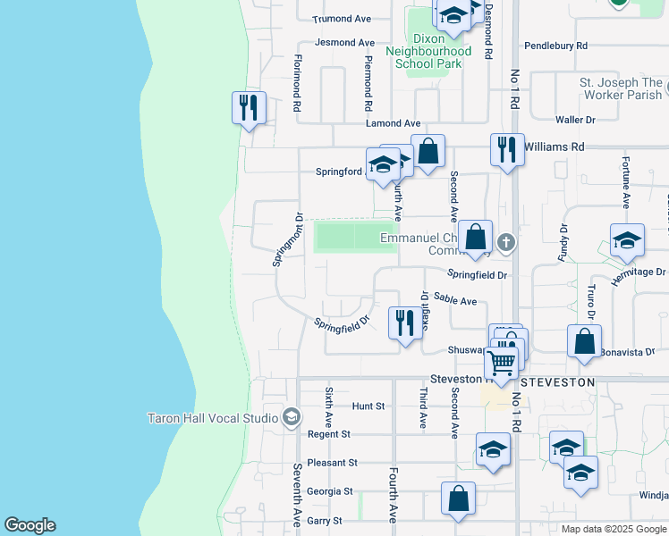 map of restaurants, bars, coffee shops, grocery stores, and more near 3411 Springfield Drive in Richmond
