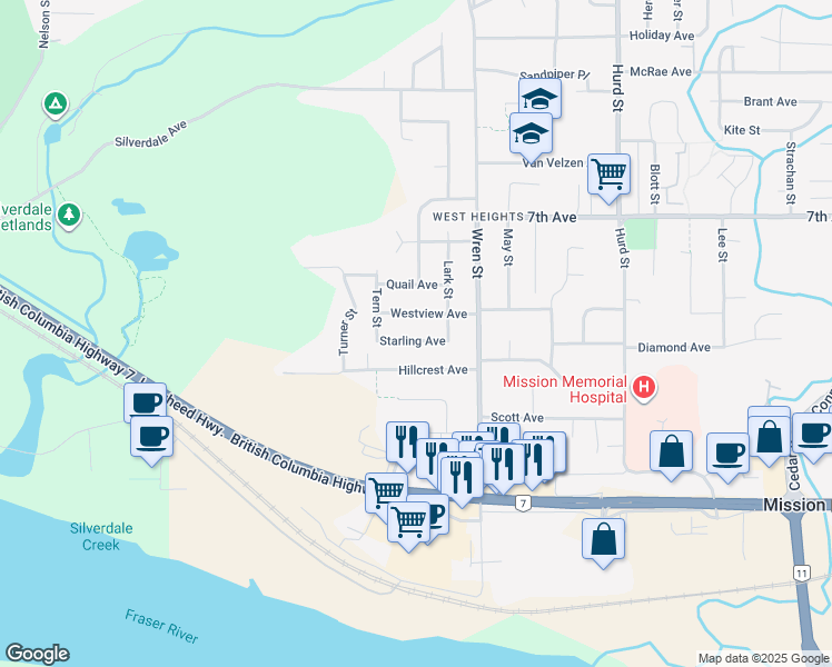 map of restaurants, bars, coffee shops, grocery stores, and more near 31911 Starling Avenue in Mission