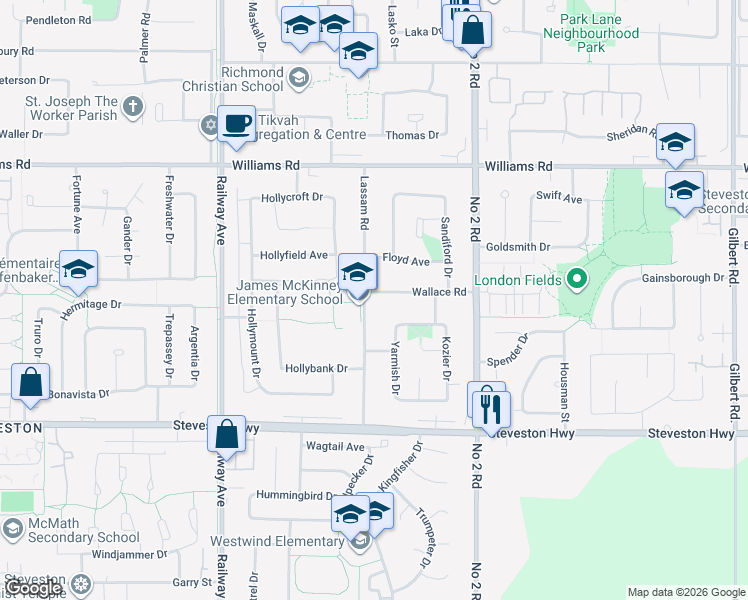 map of restaurants, bars, coffee shops, grocery stores, and more near 5520 Wallace Road in Richmond