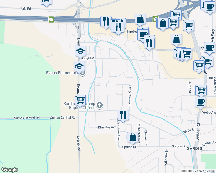 map of restaurants, bars, coffee shops, grocery stores, and more near 7475 Garnet Drive in Chilliwack