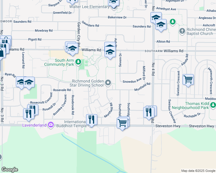 map of restaurants, bars, coffee shops, grocery stores, and more near 10771 Mortfield Road in Richmond
