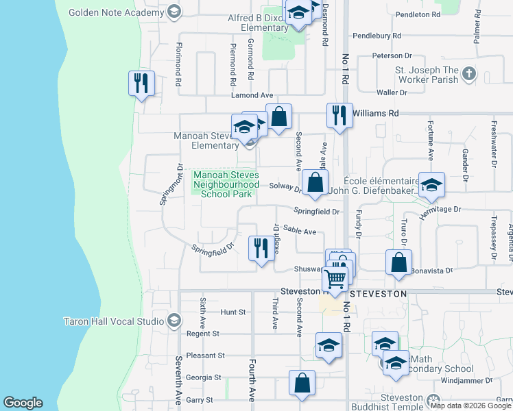 map of restaurants, bars, coffee shops, grocery stores, and more near Springfield Drive in Richmond