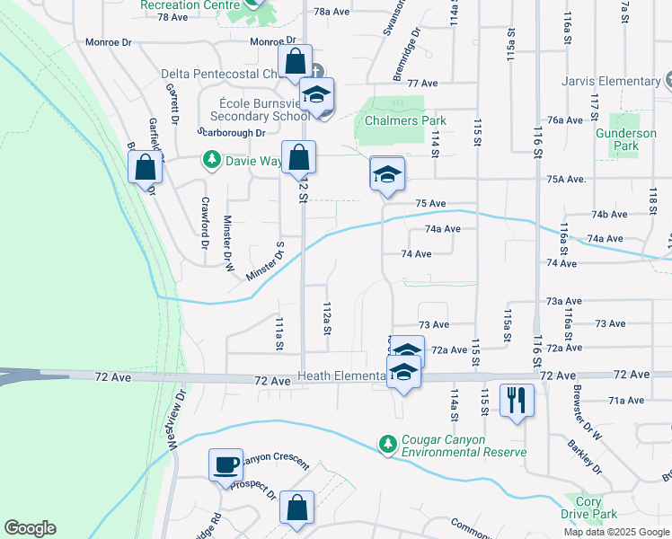 map of restaurants, bars, coffee shops, grocery stores, and more near 7388 112A Street in Delta