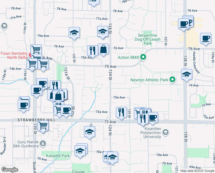map of restaurants, bars, coffee shops, grocery stores, and more near 7391 124 Street in Surrey