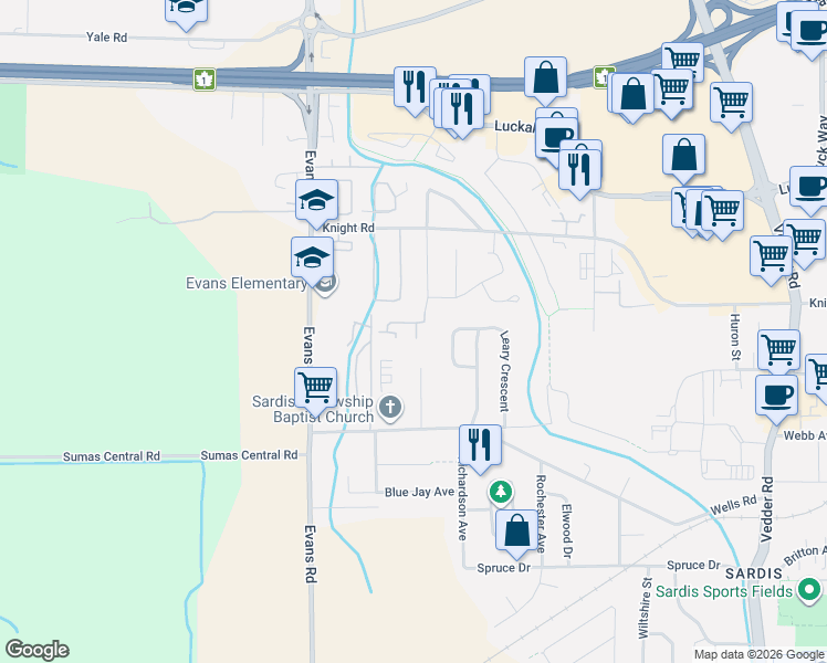 map of restaurants, bars, coffee shops, grocery stores, and more near 7475 Garnet Drive in Chilliwack