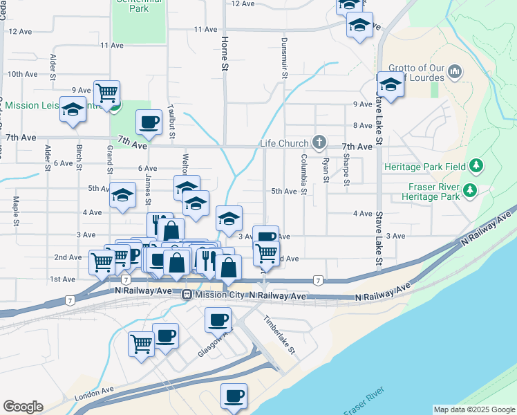 map of restaurants, bars, coffee shops, grocery stores, and more near 7461 Murray Street in Mission