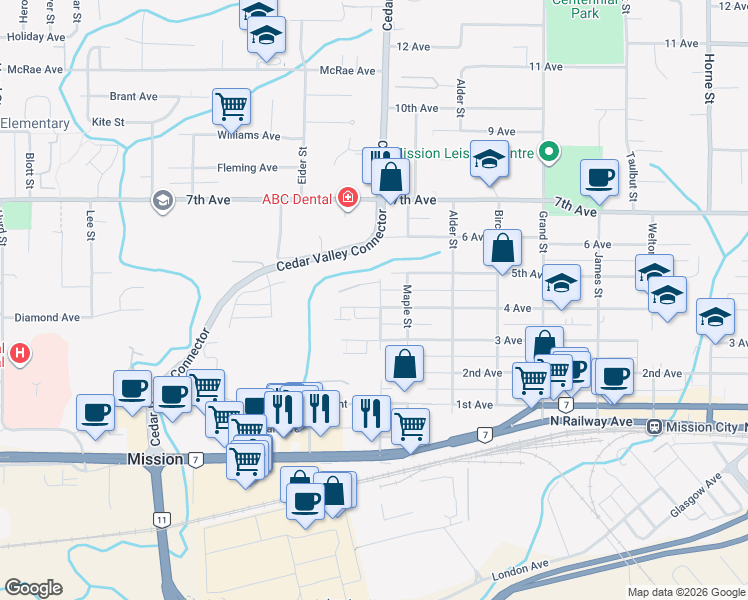 map of restaurants, bars, coffee shops, grocery stores, and more near 32789 4 Avenue in Mission