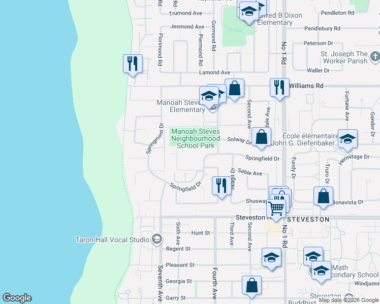 map of restaurants, bars, coffee shops, grocery stores, and more near 3451 Springfield Drive in Richmond