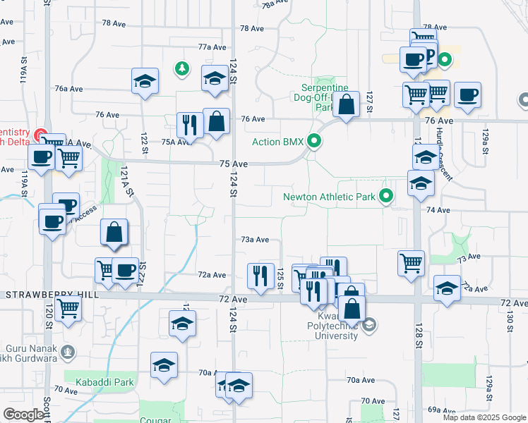map of restaurants, bars, coffee shops, grocery stores, and more near 12458 74 Avenue in Surrey