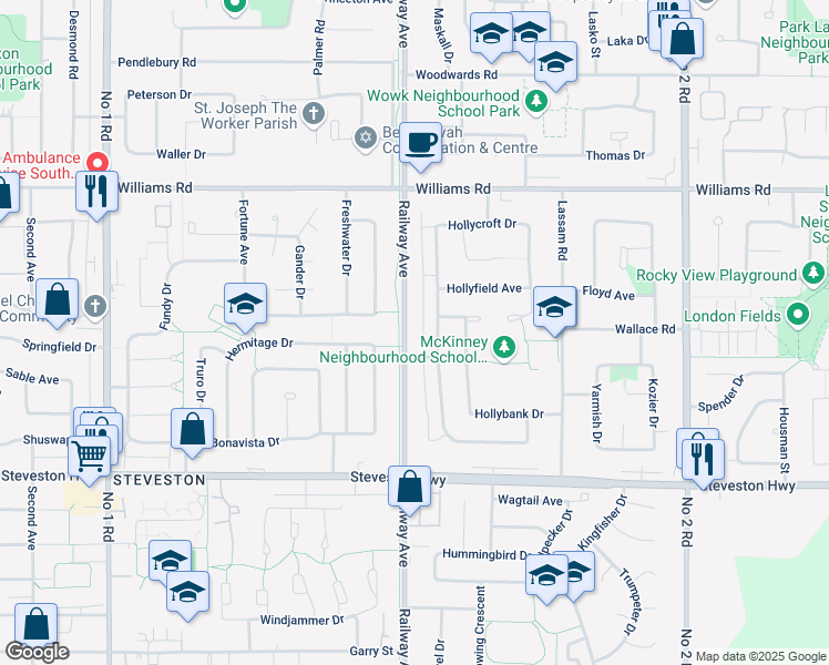 map of restaurants, bars, coffee shops, grocery stores, and more near 10370 Railway Avenue in Richmond