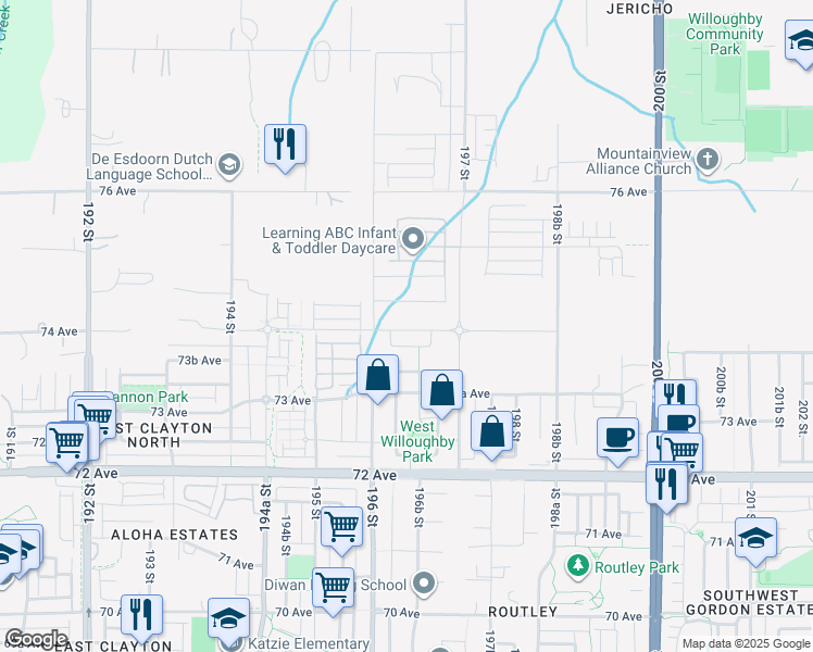 map of restaurants, bars, coffee shops, grocery stores, and more near 19643 74 Avenue in Langley Township