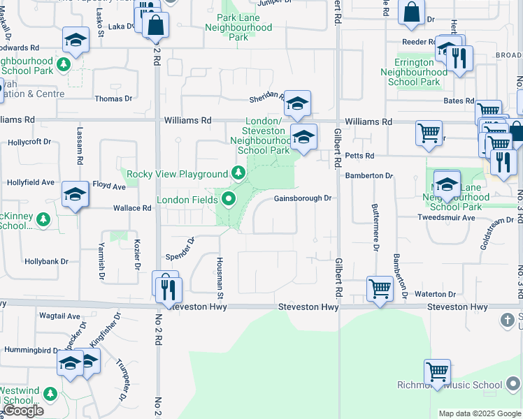 map of restaurants, bars, coffee shops, grocery stores, and more near 6620 Gainsborough Drive in Richmond