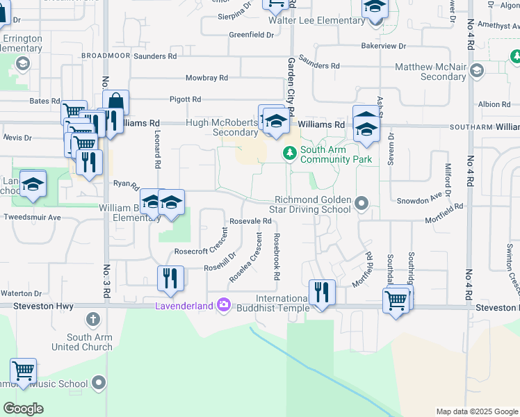 map of restaurants, bars, coffee shops, grocery stores, and more near 8680 Ryan Road in Richmond