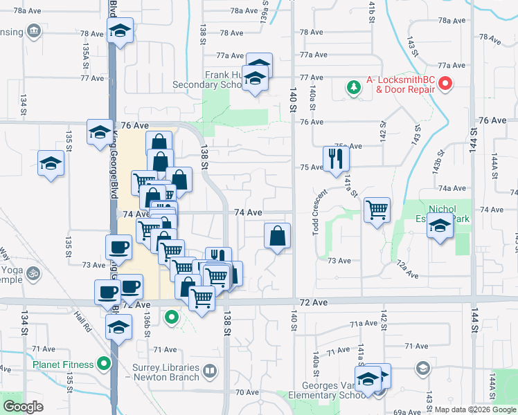 map of restaurants, bars, coffee shops, grocery stores, and more near 13931 74 Avenue in Surrey