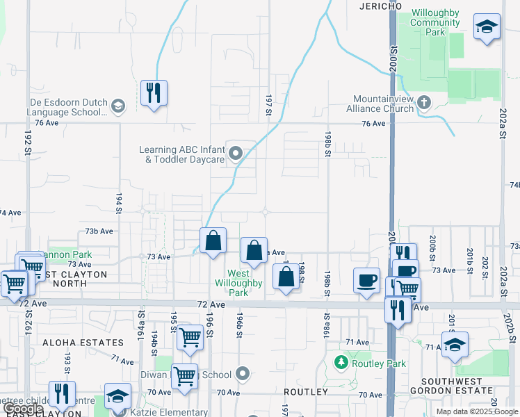 map of restaurants, bars, coffee shops, grocery stores, and more near 7415 197 Street in Langley