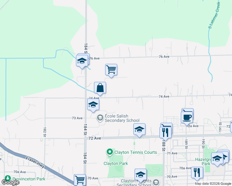 map of restaurants, bars, coffee shops, grocery stores, and more near 18551 74 Avenue in Surrey