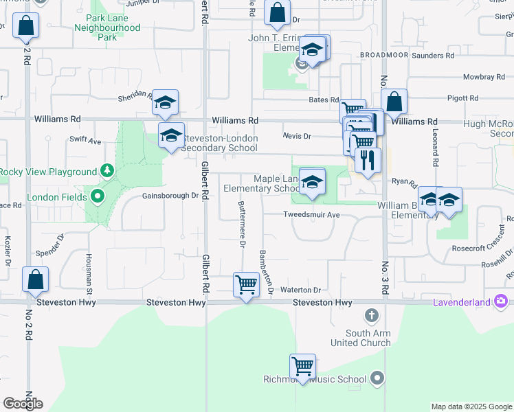 map of restaurants, bars, coffee shops, grocery stores, and more near 10491 Bamberton Drive in Richmond