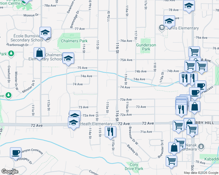 map of restaurants, bars, coffee shops, grocery stores, and more near 11516 Parkwood Place in Delta