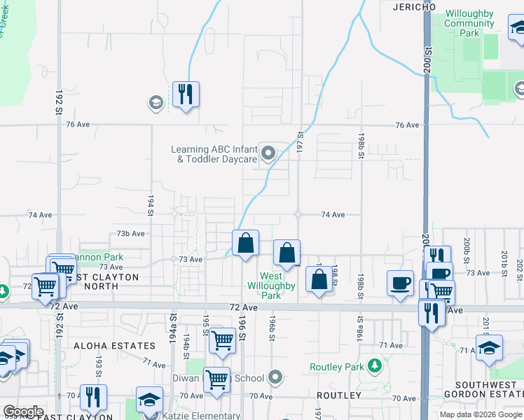map of restaurants, bars, coffee shops, grocery stores, and more near 19641 74 Avenue in Langley Township