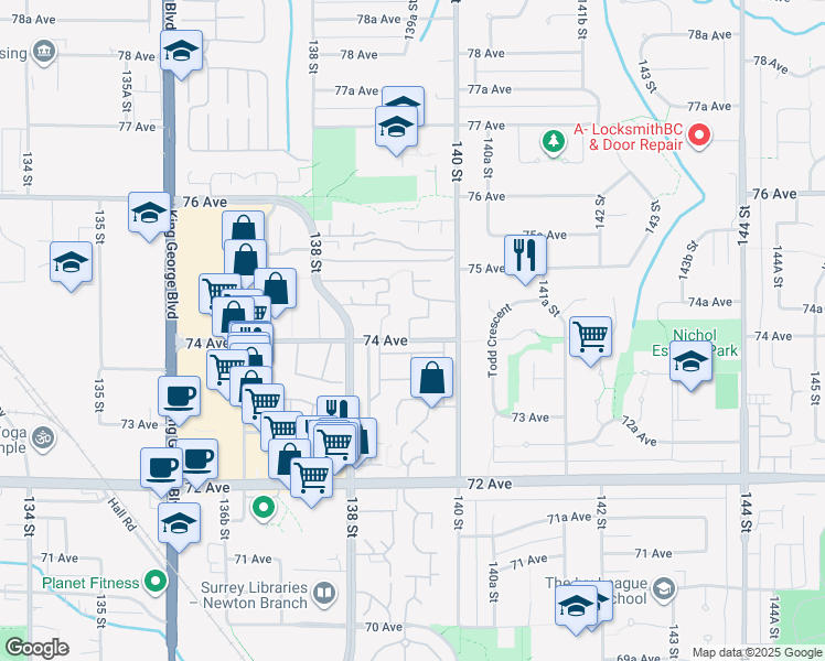 map of restaurants, bars, coffee shops, grocery stores, and more near 13933 74 Avenue in Surrey