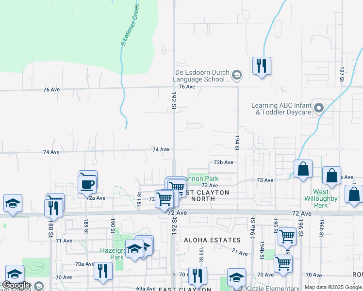 map of restaurants, bars, coffee shops, grocery stores, and more near 19201 74 Avenue in Surrey