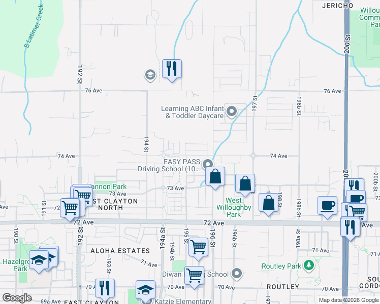 map of restaurants, bars, coffee shops, grocery stores, and more near 19501 74 Avenue in Surrey