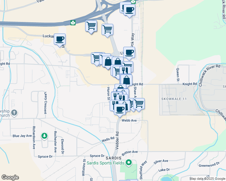 map of restaurants, bars, coffee shops, grocery stores, and more near 45660 Knight Road in Chilliwack
