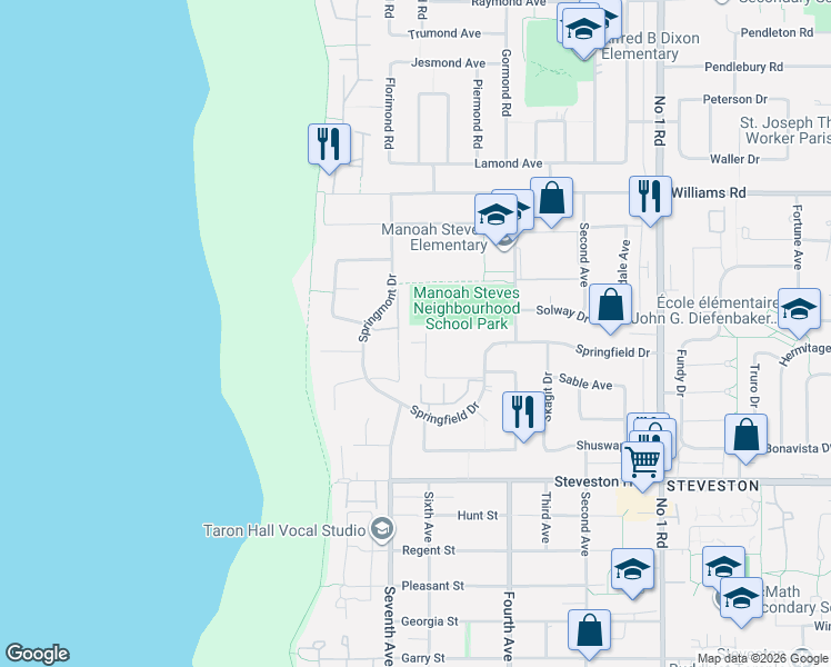 map of restaurants, bars, coffee shops, grocery stores, and more near 3371 Springfield Drive in Richmond